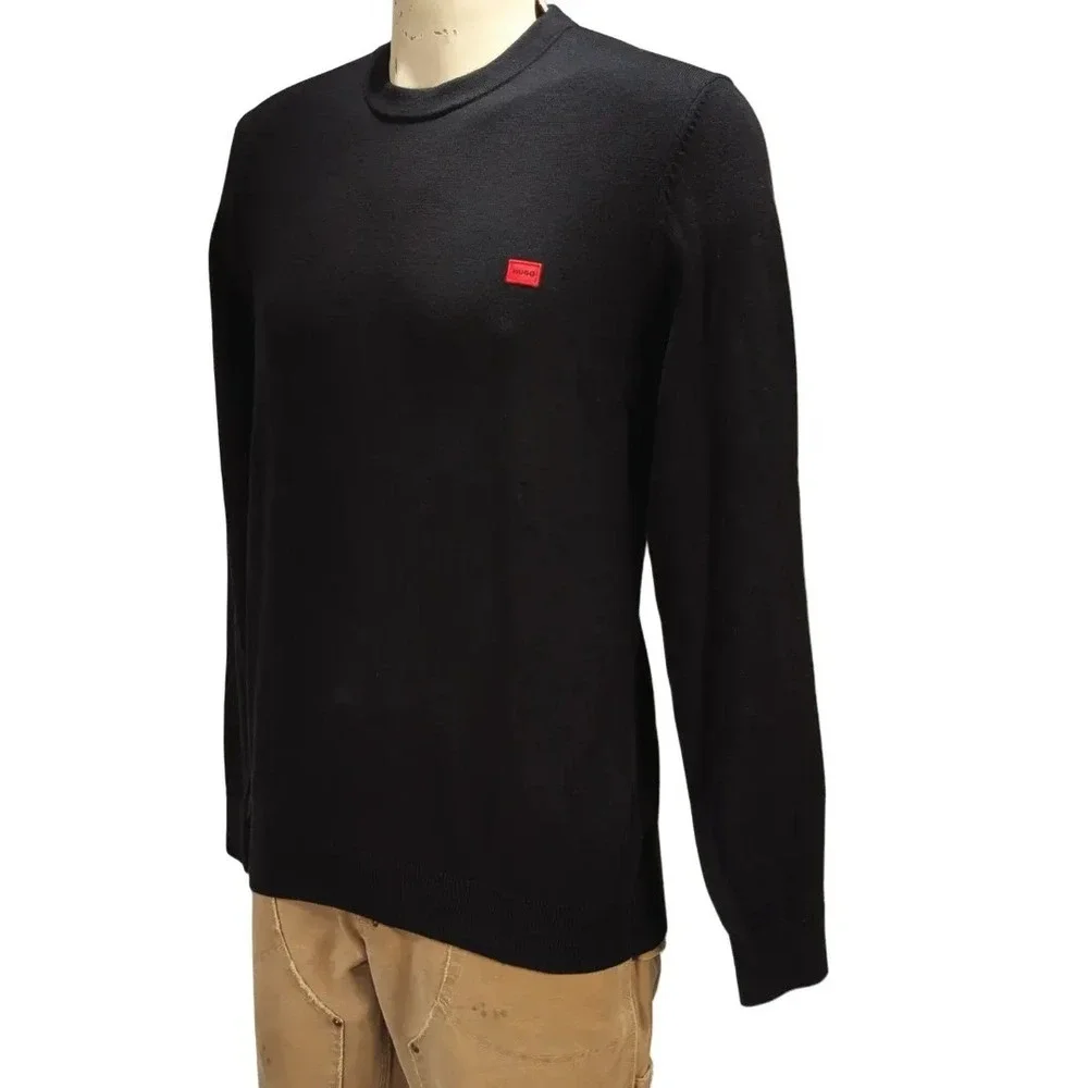 HUGO Boss Cassius Men's Black Cotton Crewneck Sweater Red Logo Sz L NWT $120 - Picture 5 of 9